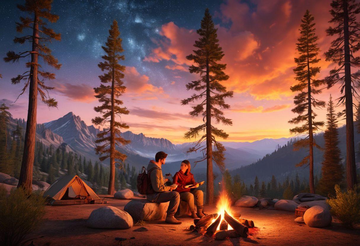 A breathtaking sunset over a serene mountain landscape, featuring a couple sharing a cozy moment by a campfire. Surrounding cypress trees and a clear starry sky create a romantic atmosphere, with hiking gear and a picnic basket nearby for an adventurous vibe. Soft, warm colors enhance the intimate setting. super-realistic. vibrant colors. 3D.
