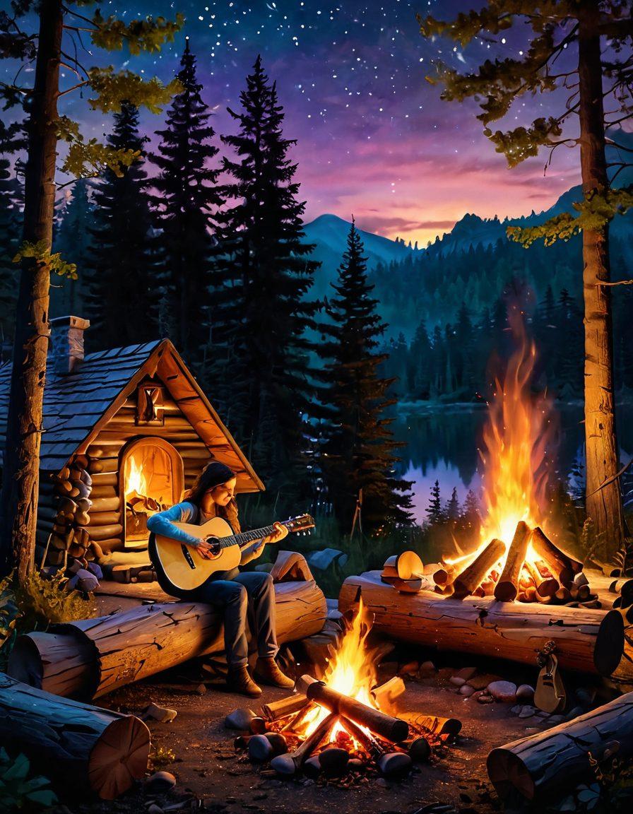 A cozy campfire scene at twilight with a couple snuggled together, roasting marshmallows, surrounded by a lush forest and twinkling stars overhead. Their warmth is reflected in the glowing embers of the fire, creating an inviting atmosphere. A vintage guitar leans against a log nearby, hinting at a night of music and fun adventures. super-realistic. vibrant colors. atmospheric lighting.