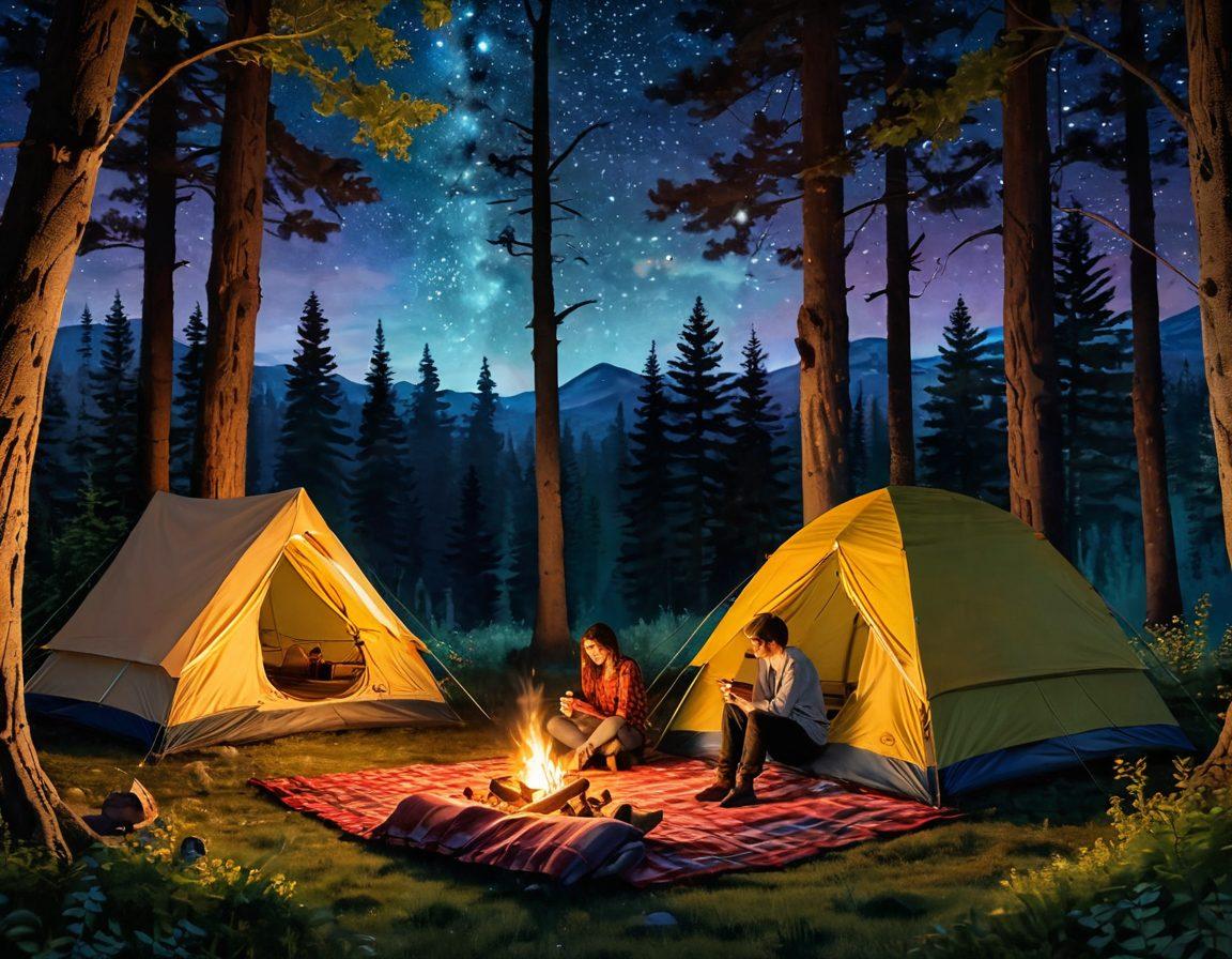 A picturesque camping scene under a starlit sky, featuring a cozy tent adorned with fairy lights, a couple lounging outside on checkered blankets sharing a warm drink. Nearby, a crackling campfire illuminates their smiling faces, surrounded by whimsical forest elements like fireflies and wildflowers. The atmosphere is filled with romance and warmth, capturing the essence of love in nature. digital painting. vibrant colors. dreamy atmosphere.